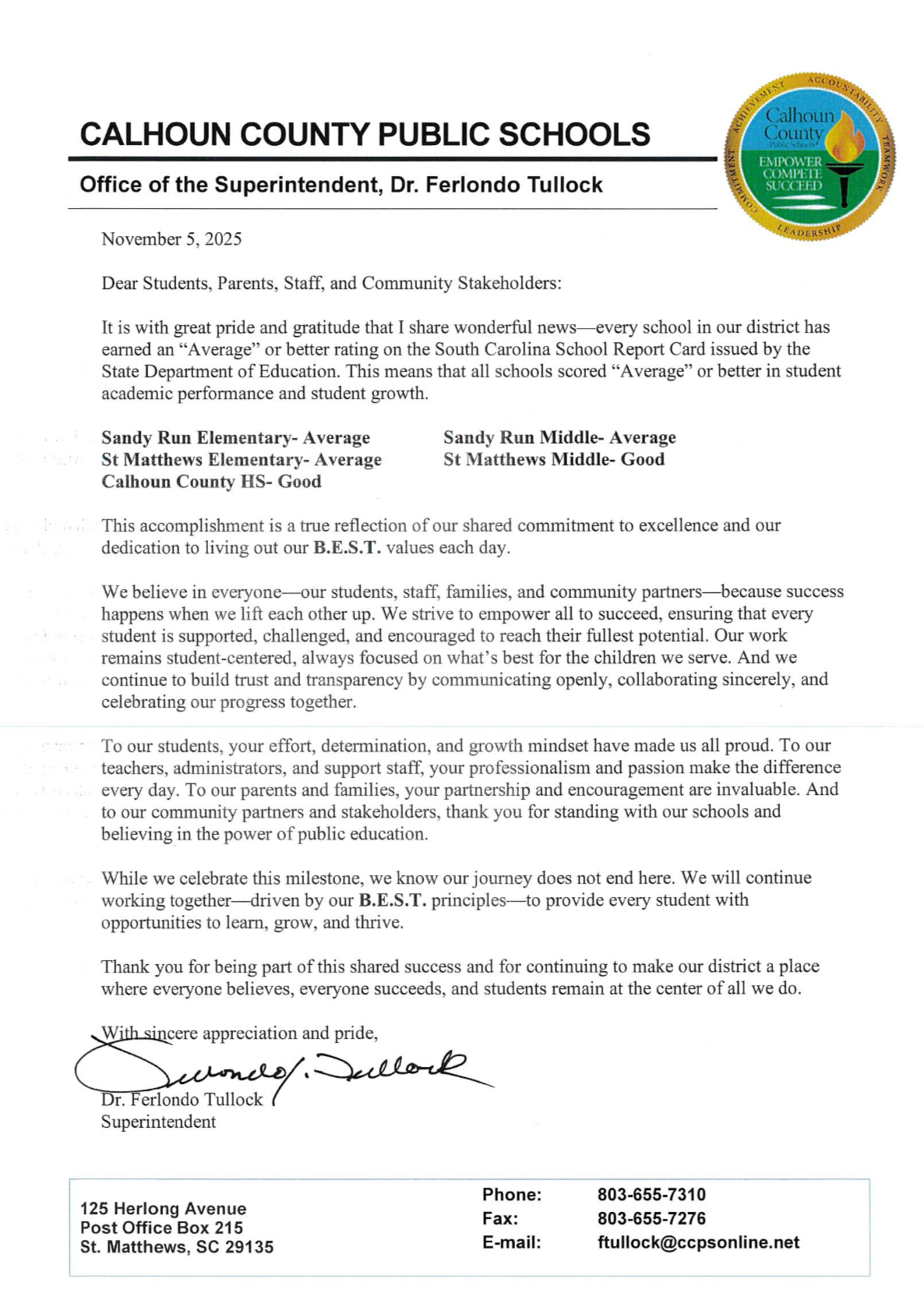 District Report Card Letter from Dr. Tullock
