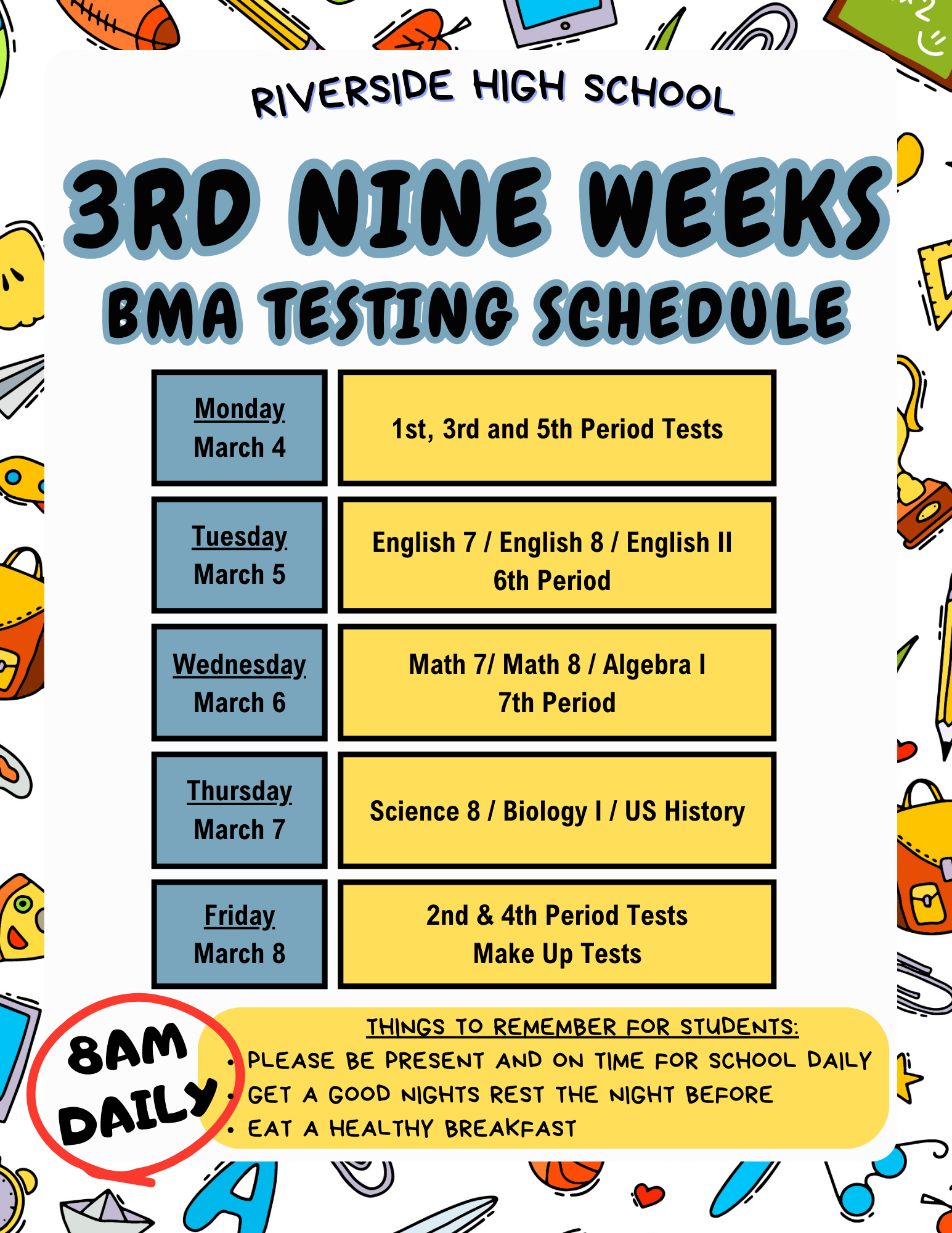 3rd Nine Weeks Test Schedule