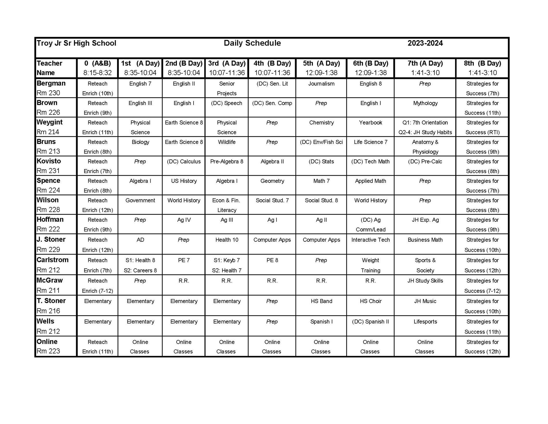 Daily Class Schedule