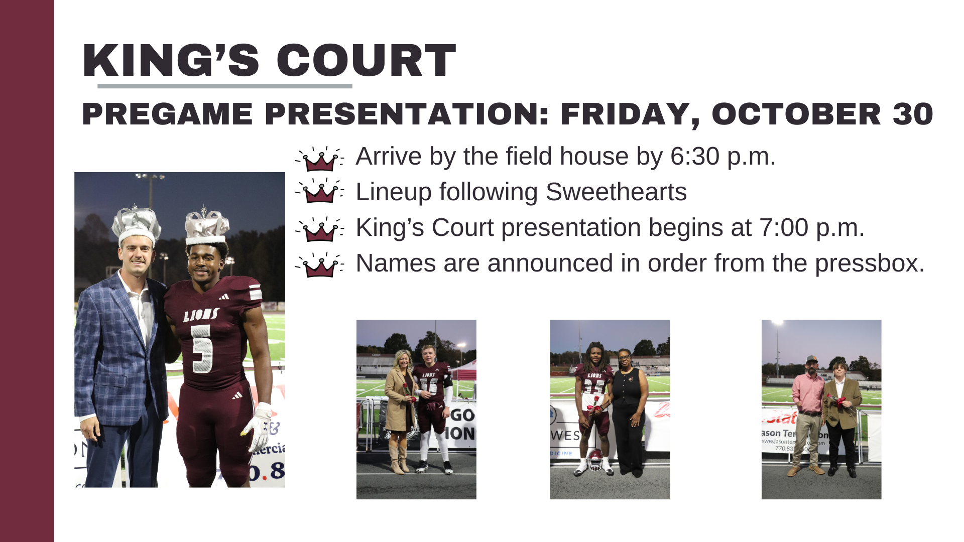kings court line up begins at 6:00 at the field house