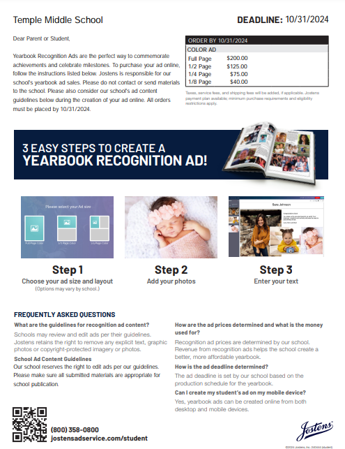 8th Grade Student Yearbook Recognition Ad Deadline is October 31, 2024