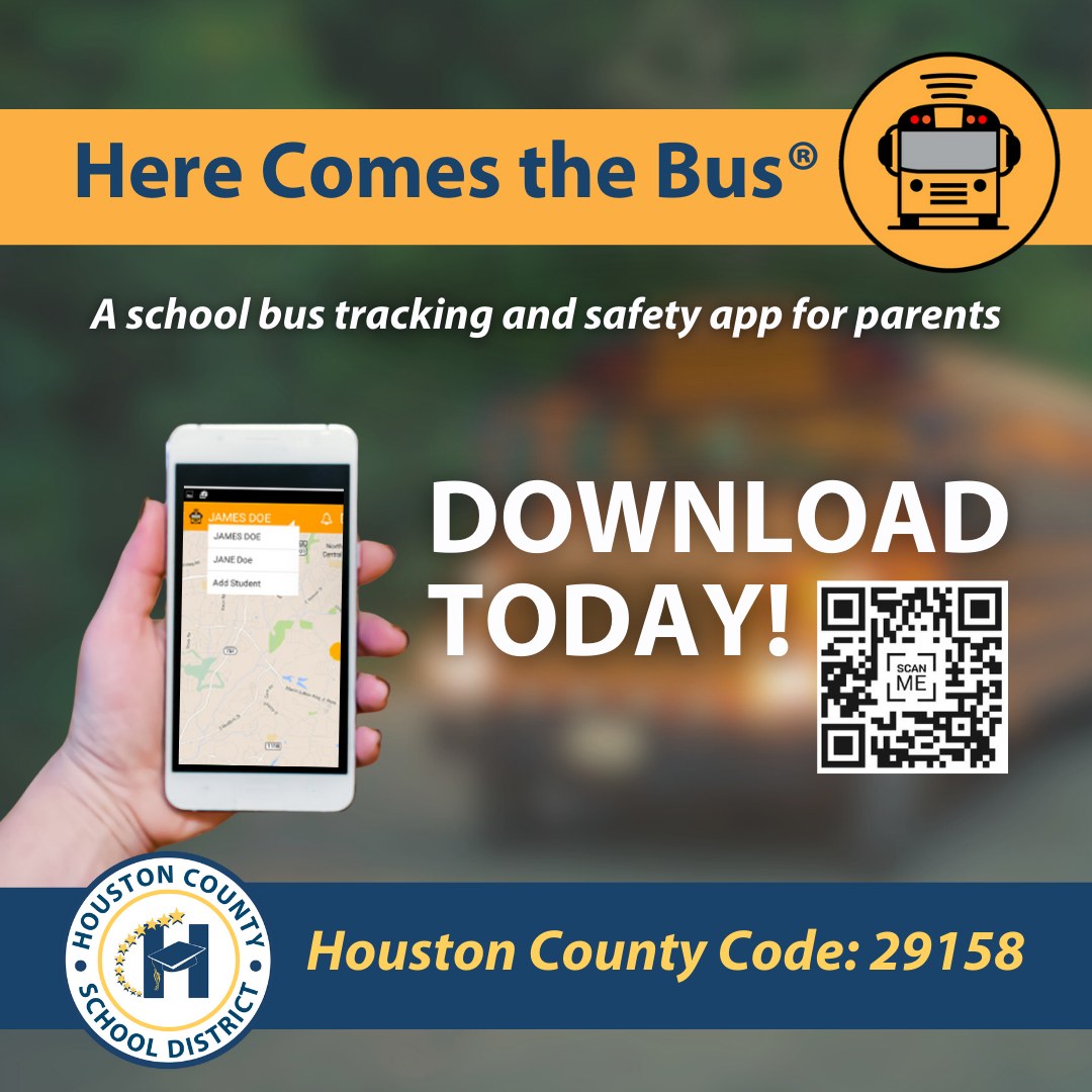 Here Comes the Bus - A school bus tracking and safety app for parents. Download today! Houston County Code: 29158 Here Comes the Bus - A school bus tracking and safety app for parents. Download today! Houston County Code: 29158