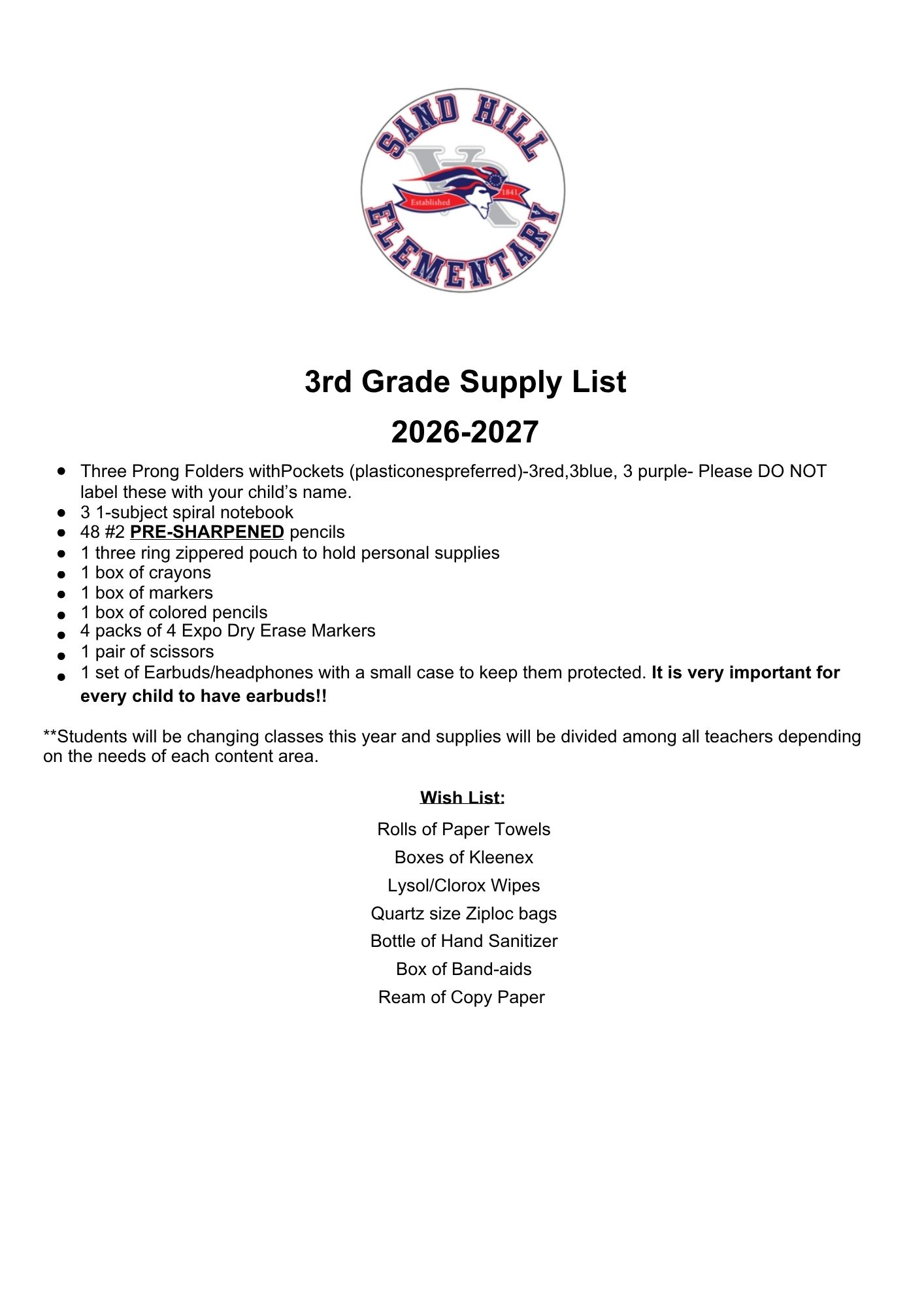 Third Grade Supply List 2026 - 2027