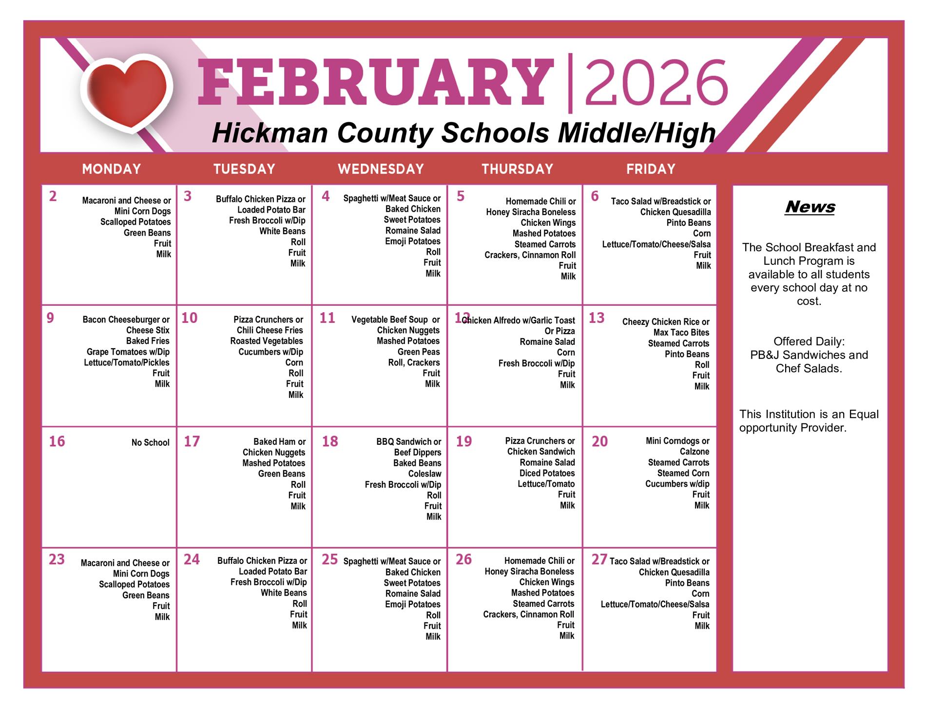February daily lunch calendar for middle and high schools