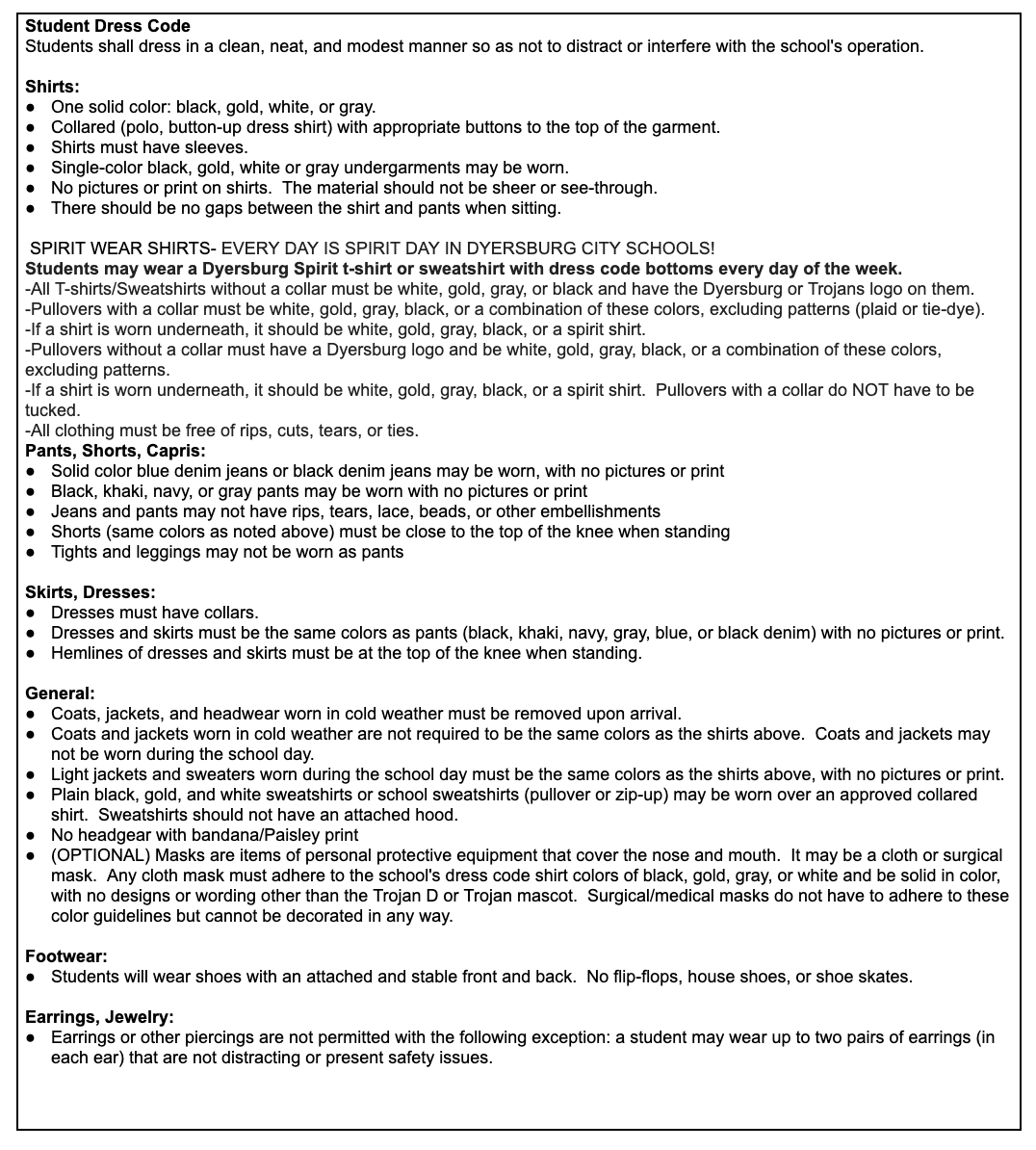 Dress Code Description