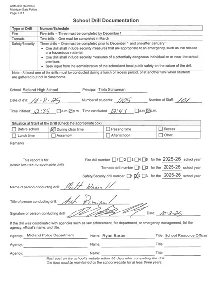 Form for Midland High's second safety drill of 2025-2026 Form for Midland High's second safety drill of 2025-2026
