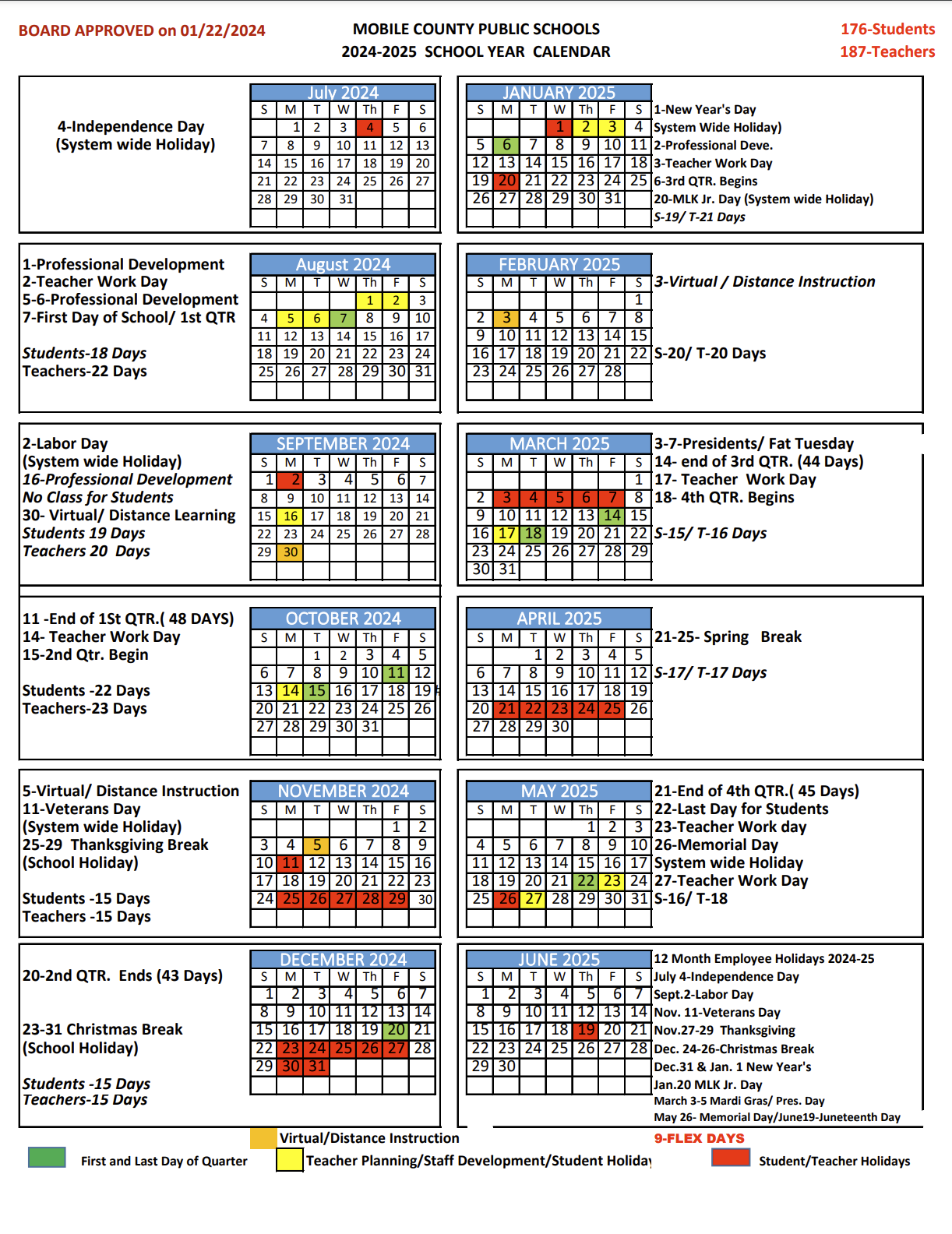 MCPSS school calendar for the 2024-2025 school year.