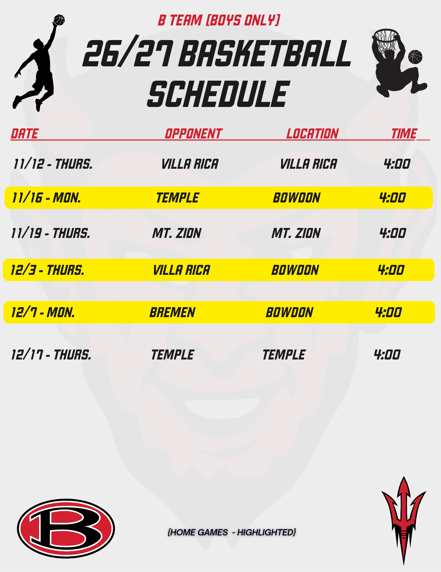 BMS 2026/2027 Boys' B Team Basketball Schedule