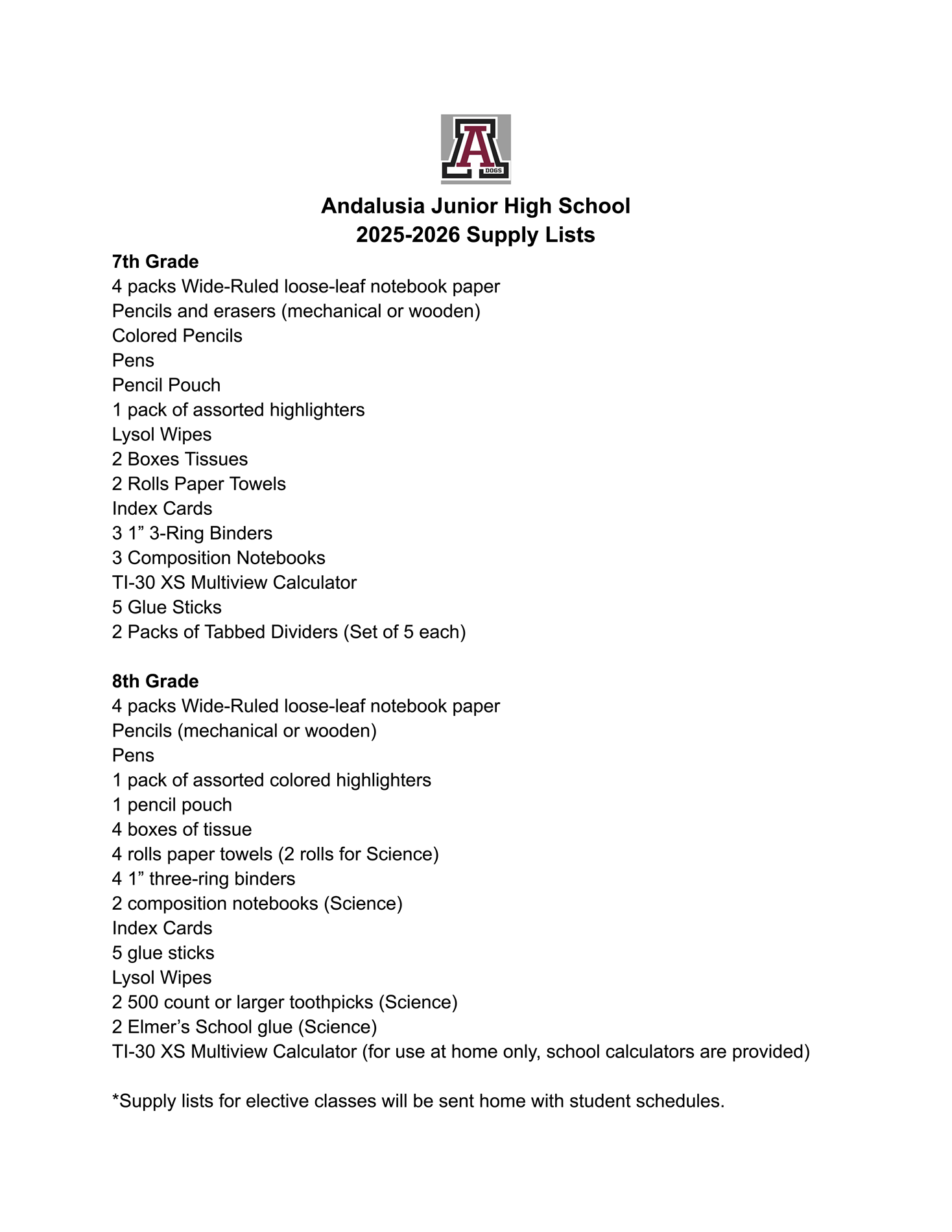 AJHS Supply List for the 2025-2026 School Year