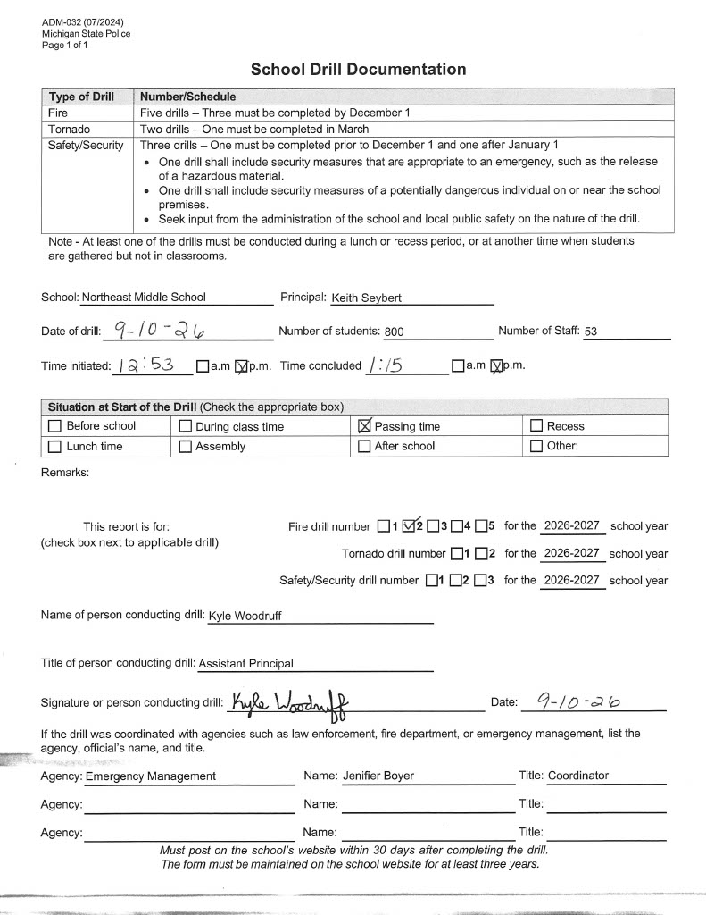 Northeast Middle School fire drill form 2026-2027