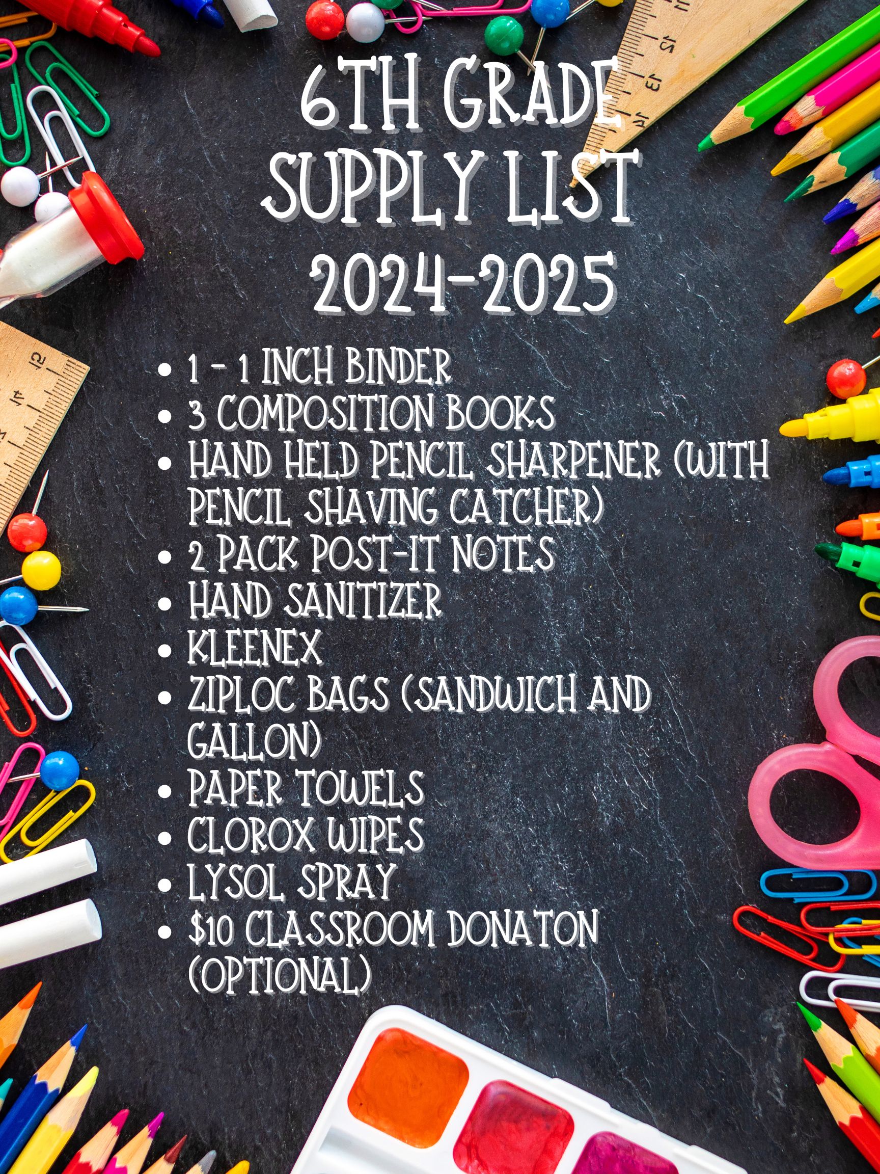 6th Grade Supply List