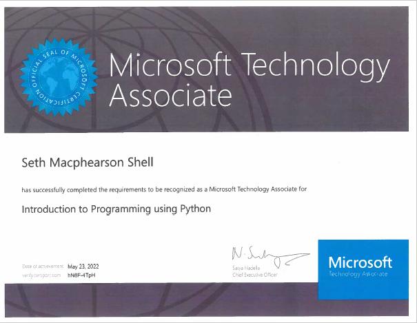 Seth Shell's MTA Python Certification