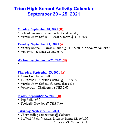 THS ACTIVITY CALENDAR FOR 09/20-25/2021