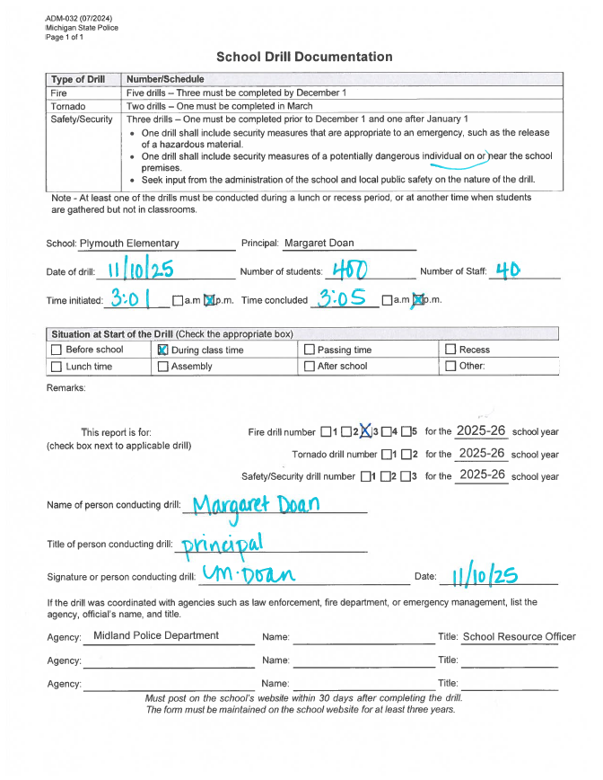 Form for Plymouth Elementary's third fire drill of 2025-2026