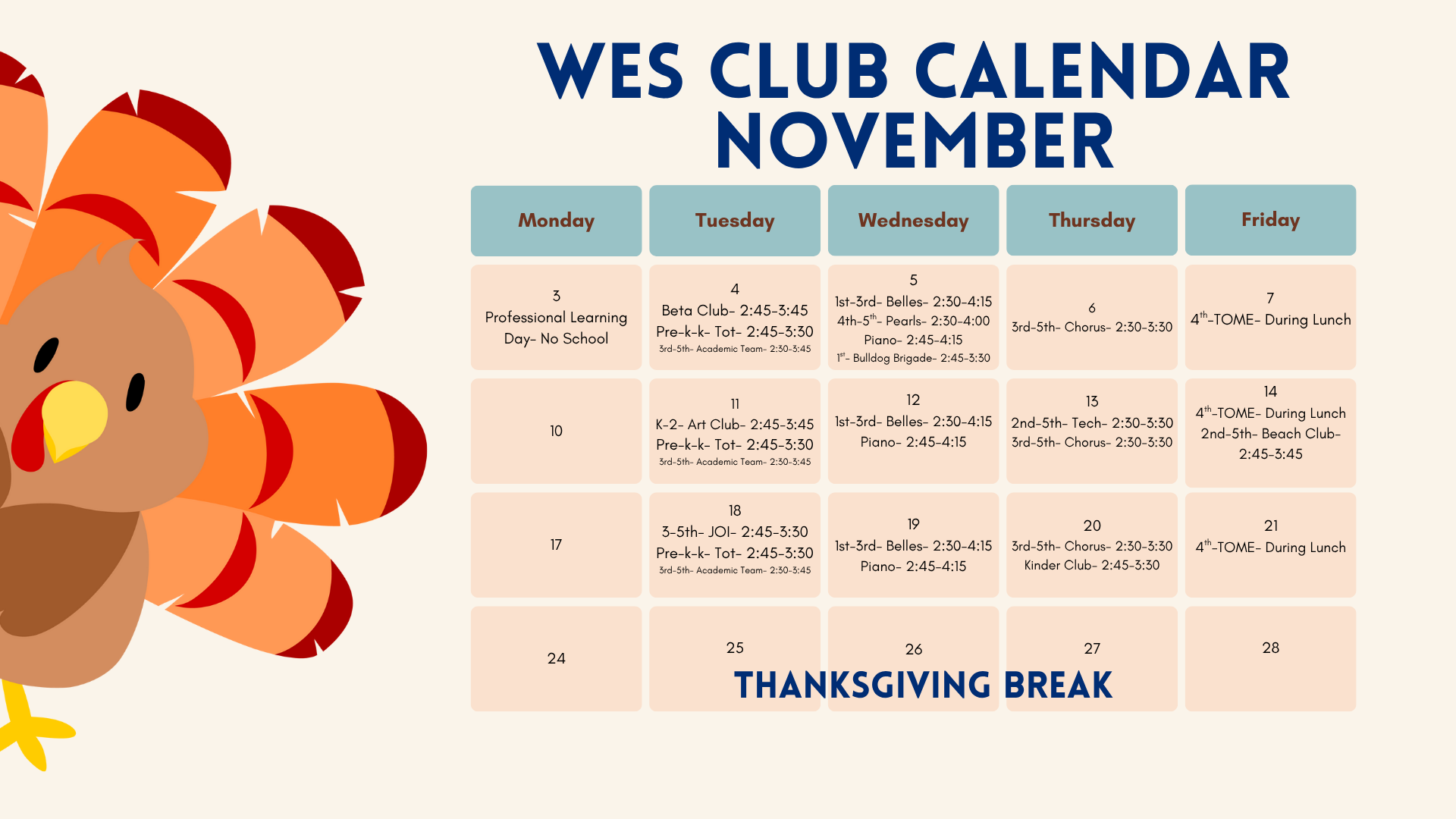 November Club Calendar