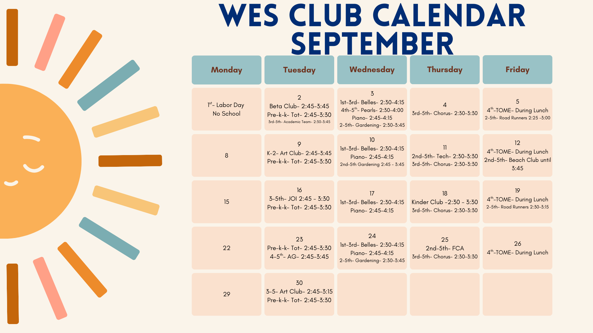 September Club Calendar