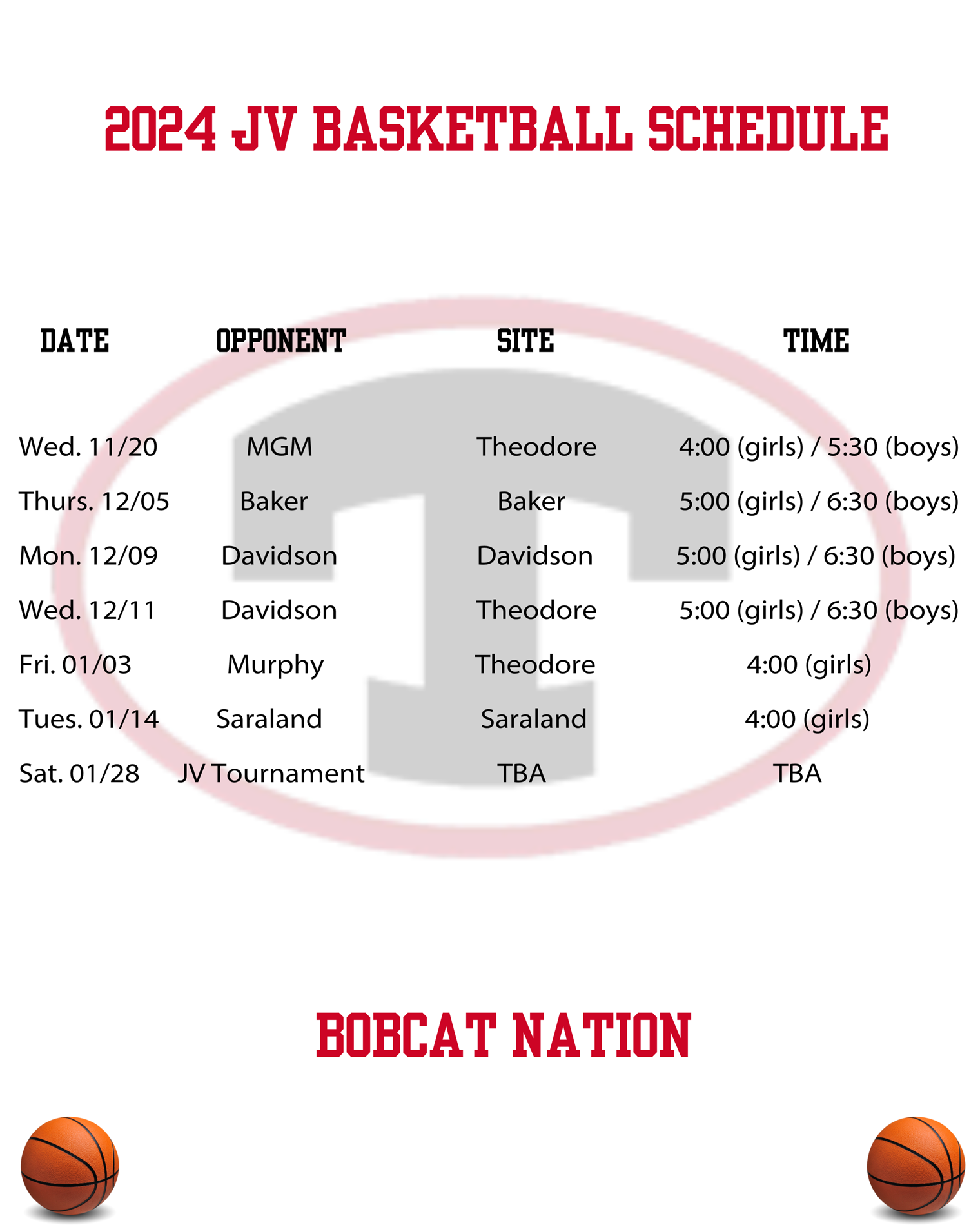 JV Basketball Schedule