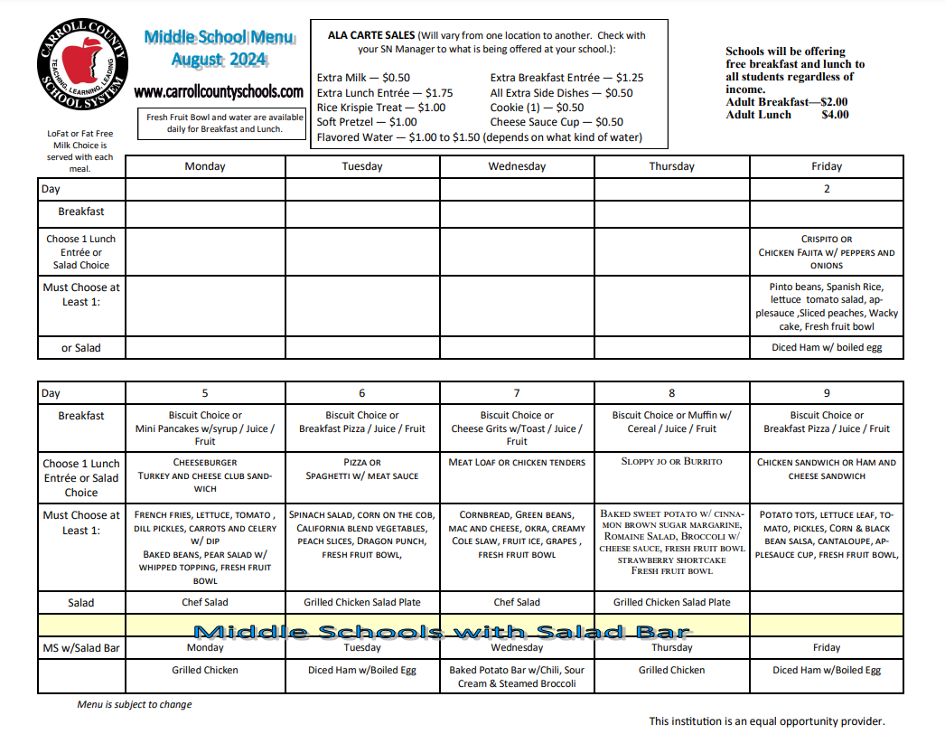 August Lunch Menu 1