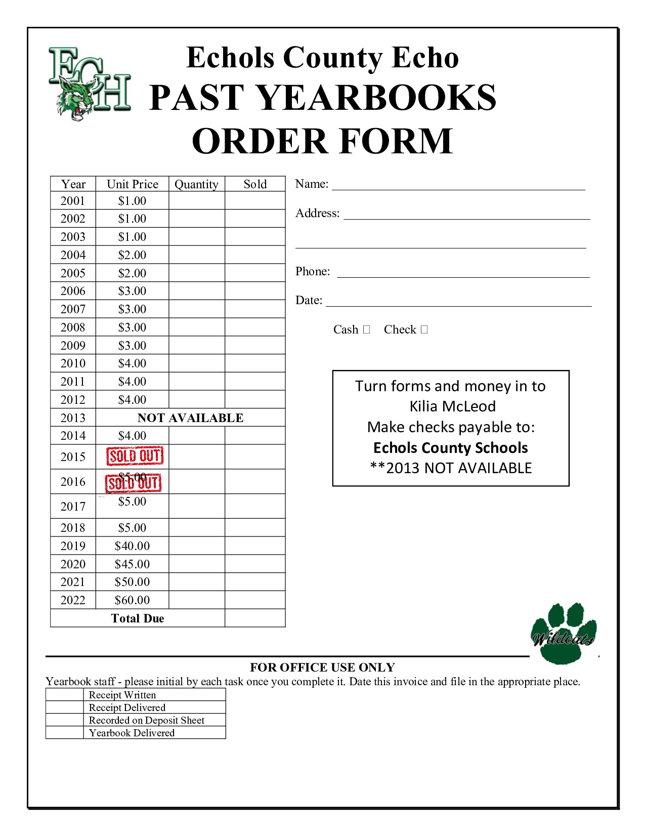 Previous Yearbooks Order Form