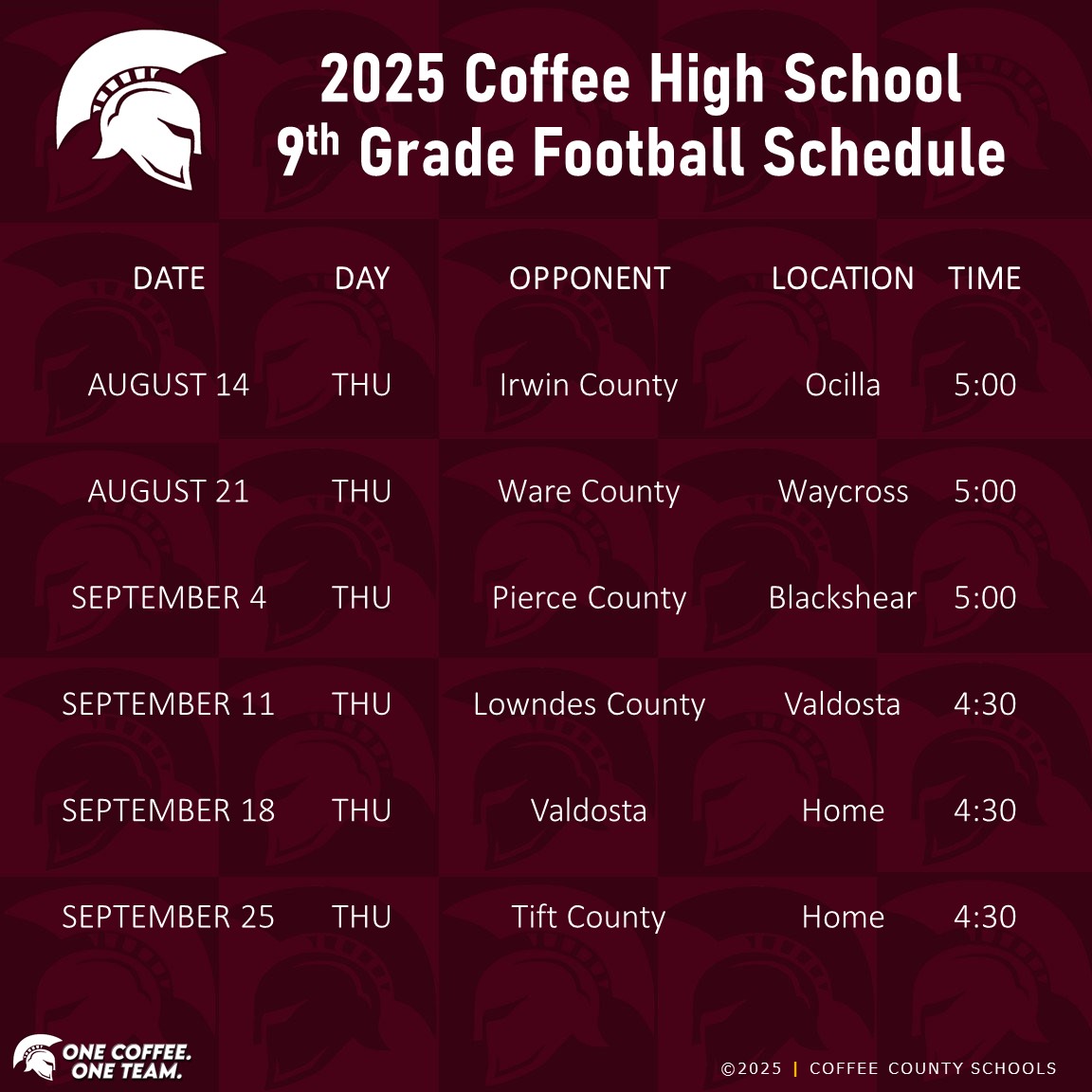 2025 9th Grade Football Schedule