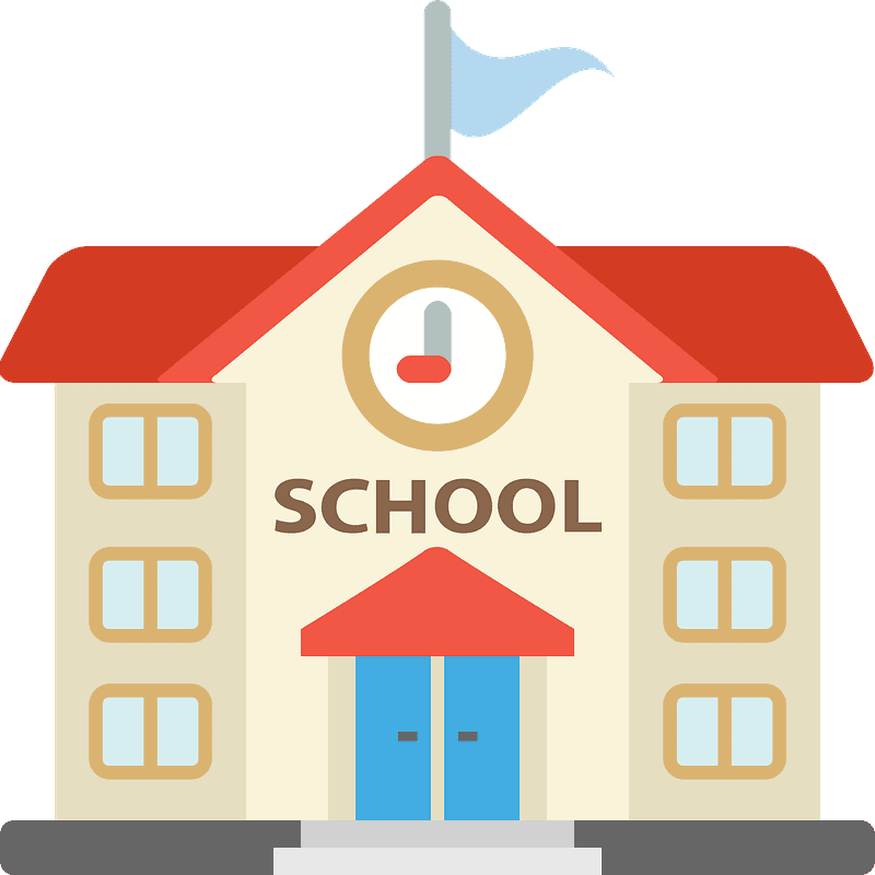 school building cartoon with flag and clock