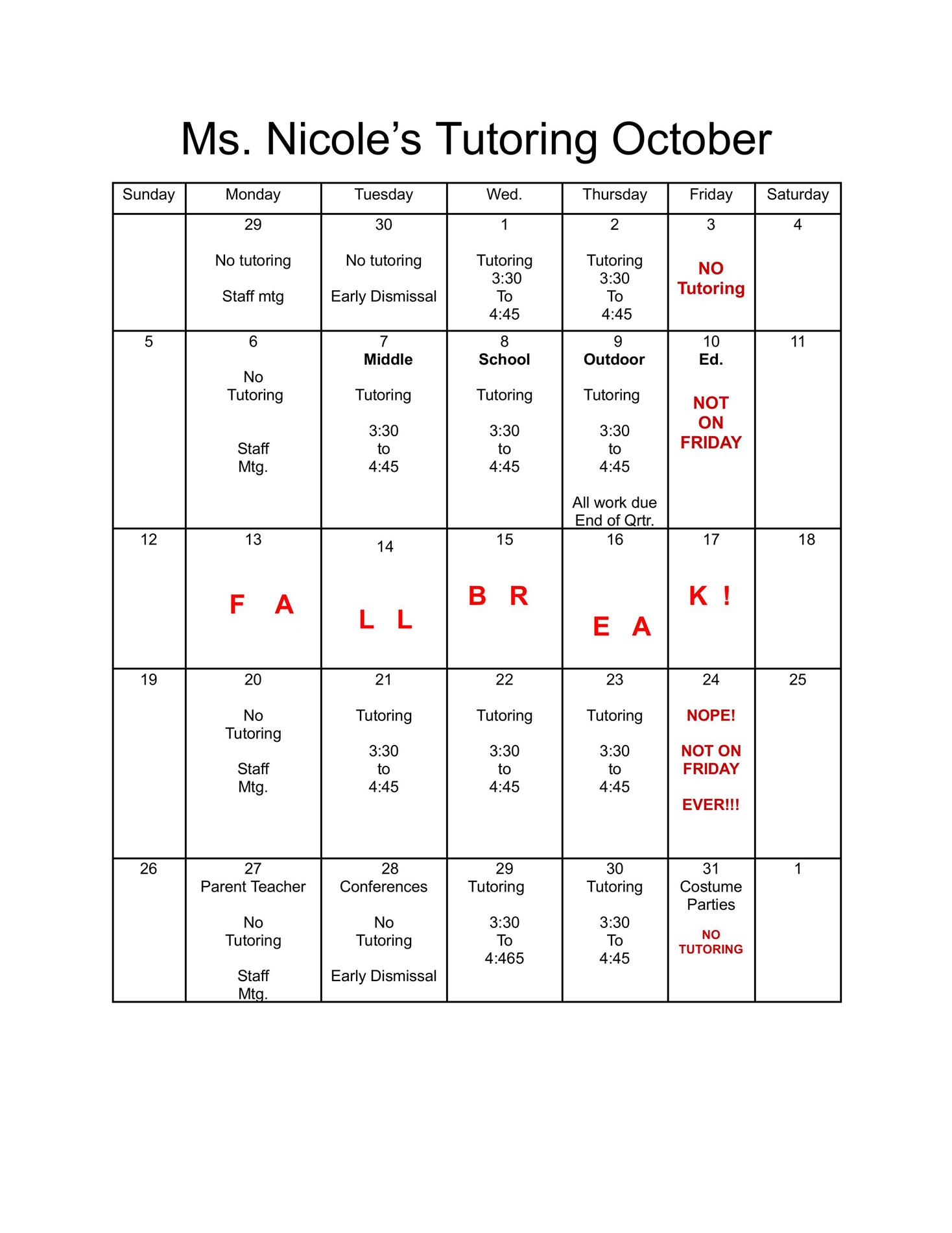 October Tutoring Schedule