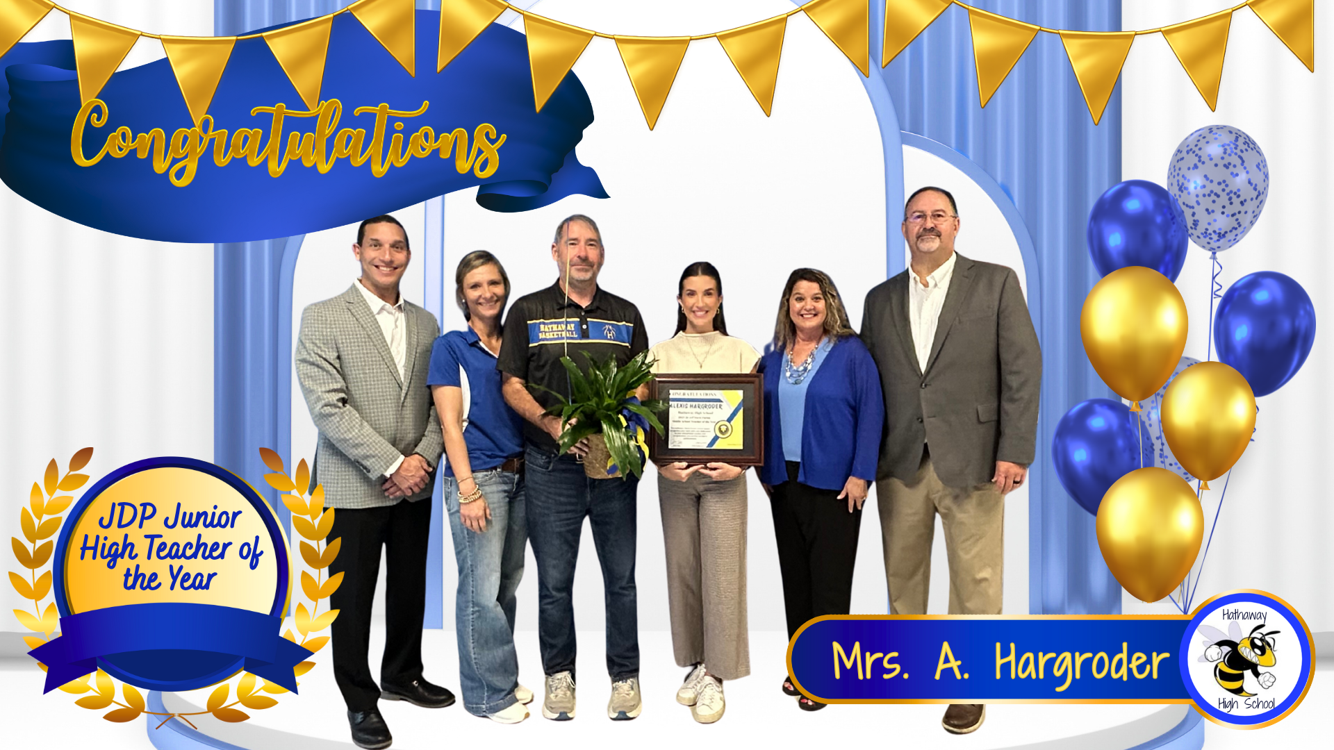 Congratulations to Mrs. A. Hargroder  of Hathaway High School for being named "JDP Junior High Teacher of the Year"!