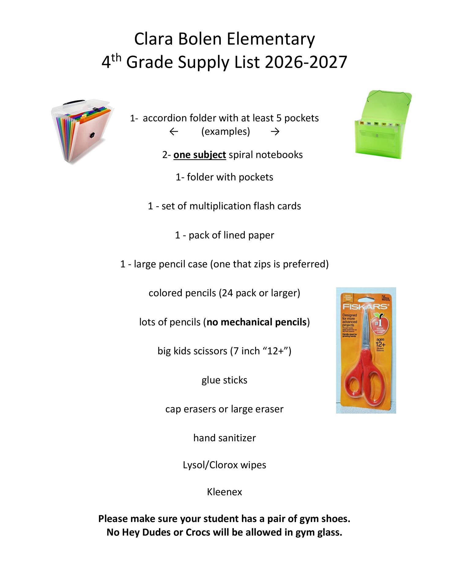 4th Grade School Supply List
