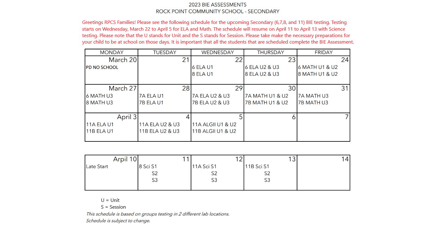 Secondary BIE Test Schedule