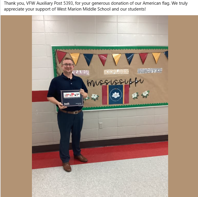 Thank you, VFW Auxiliary Post 5393, for our school's American Flag. 