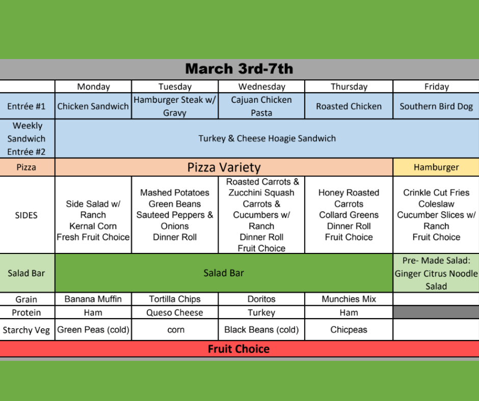 March 2nd - 6th Lunch Menu 