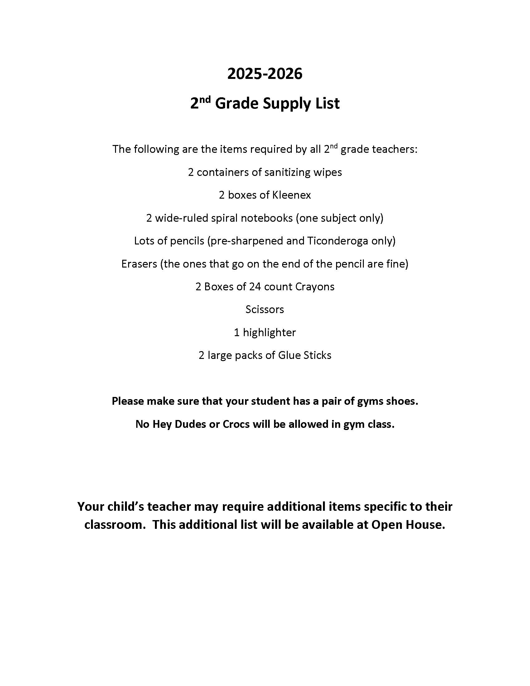 2nd Grade School Supply List