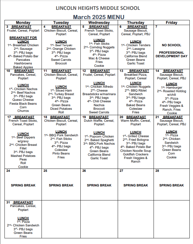 March 2025 Menu