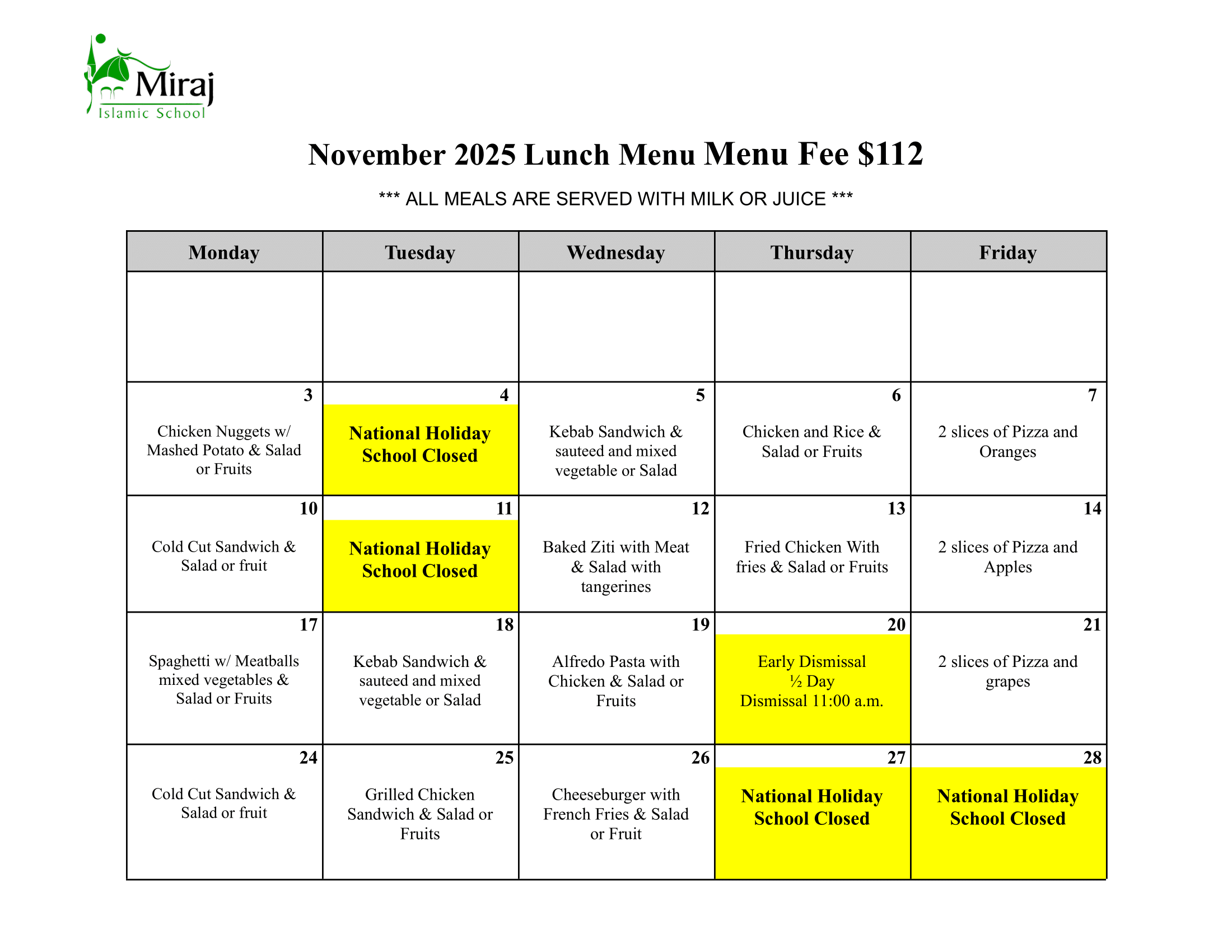 November Lunch Menu November Lunch Menu