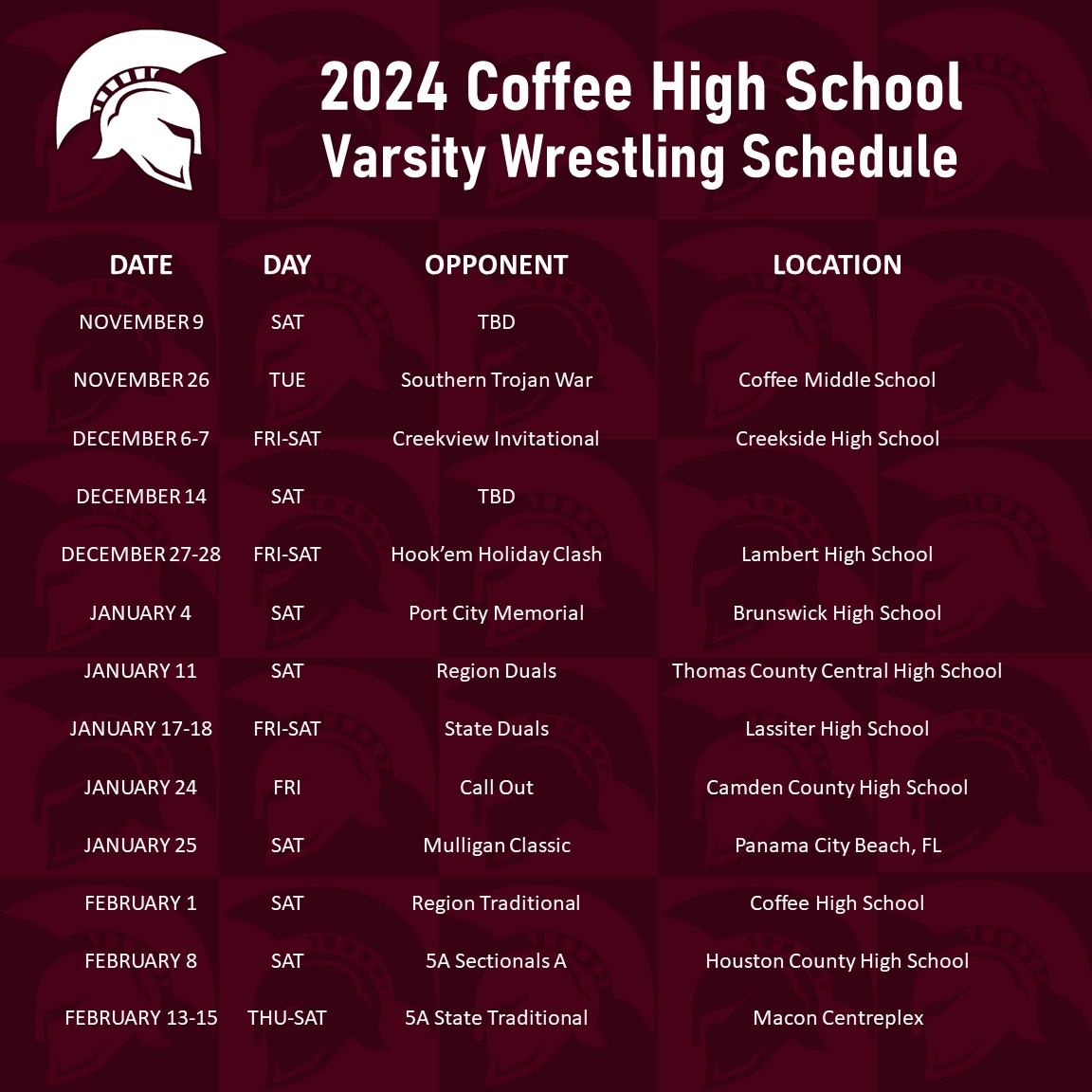 2024-2025 CHS Varsity Wrestling Schedule