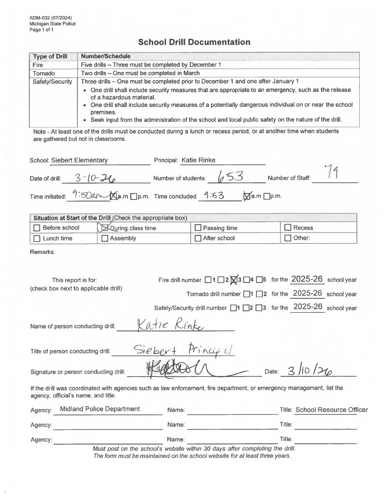 Form for Siebert Elementary's third fire drill of 2025-2026