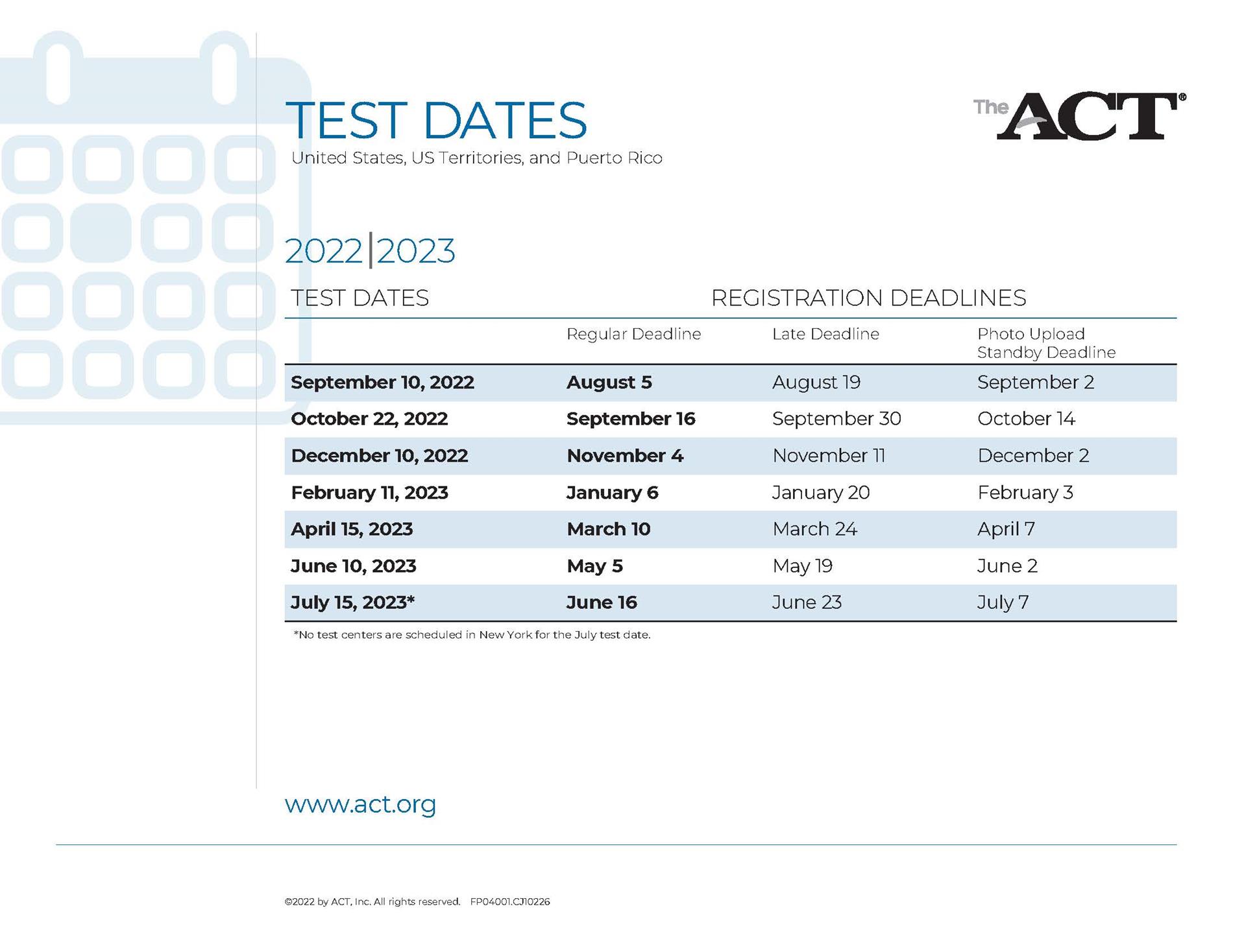 ACT Testing Dates