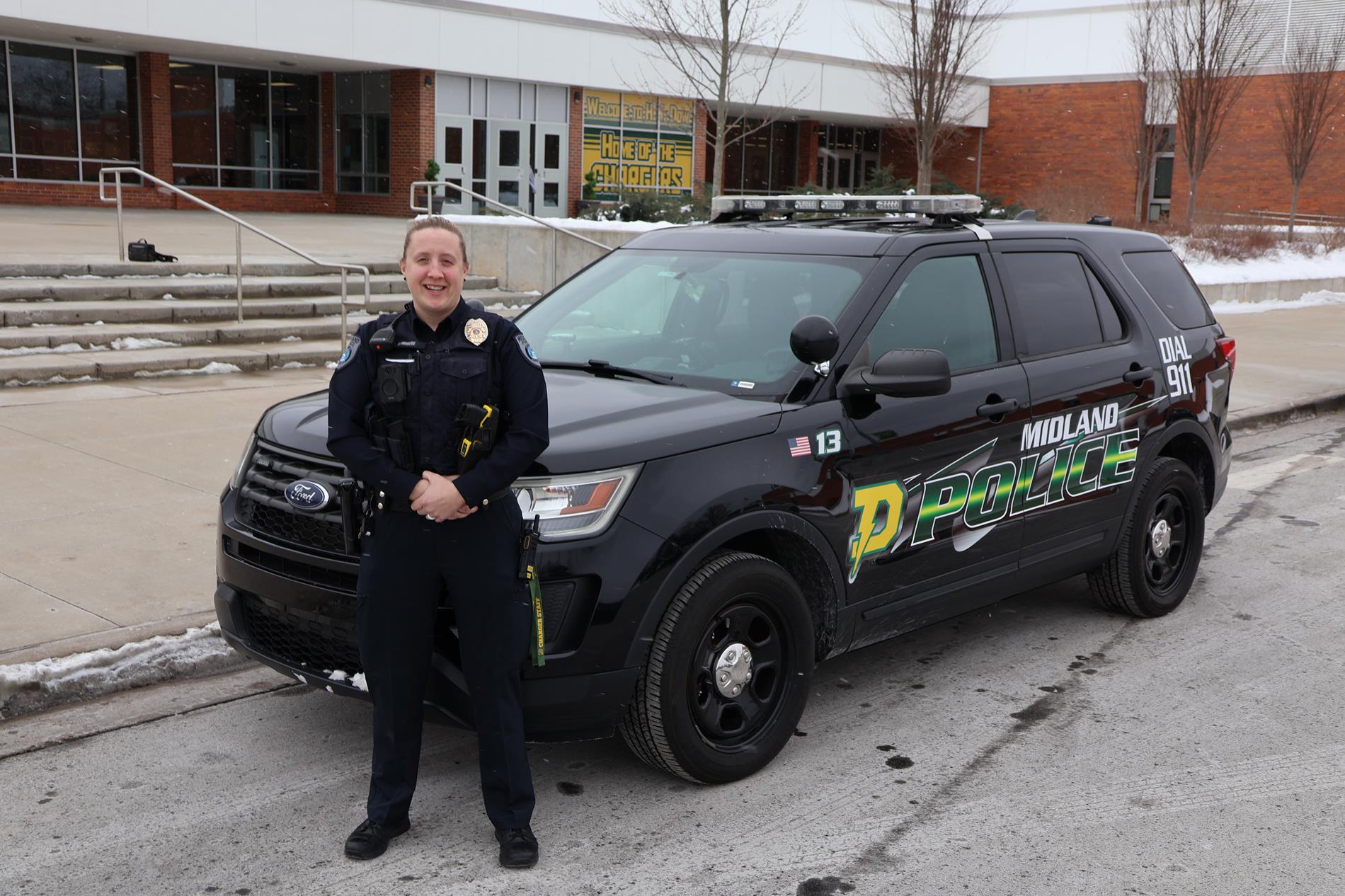 DHS SRO Morgan Sundberg outside Dow High School