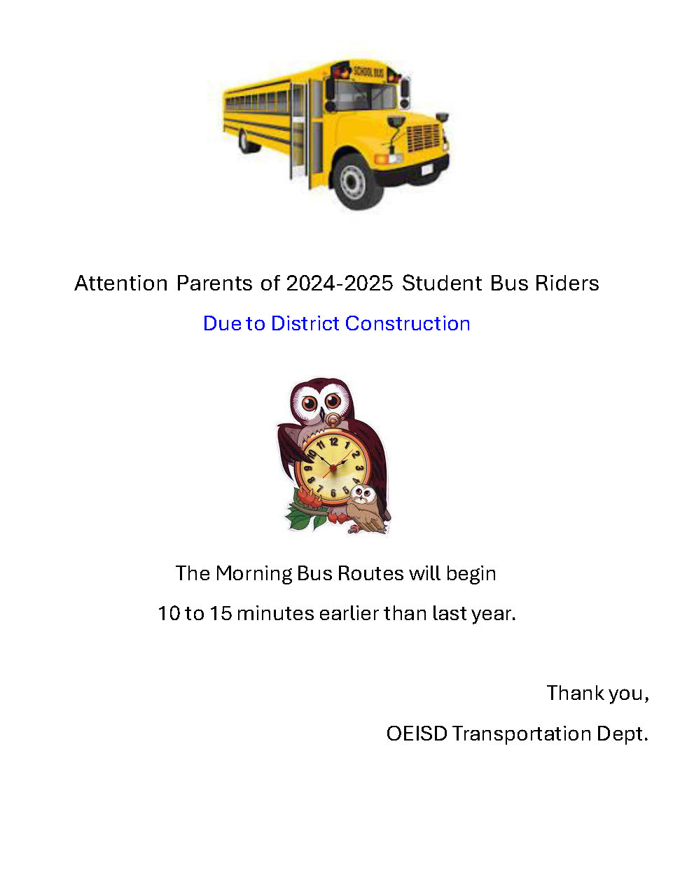 Transp. Dept. - AM Bus Pick Up Time Change Flyer