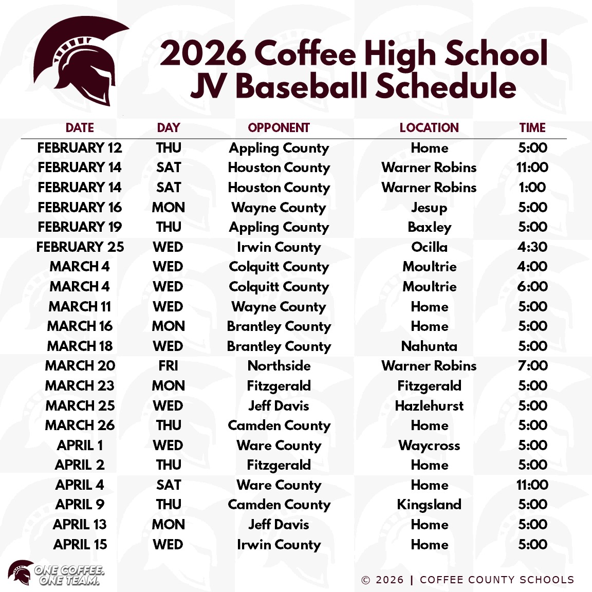 2026 CHS JV Baseball Schedule