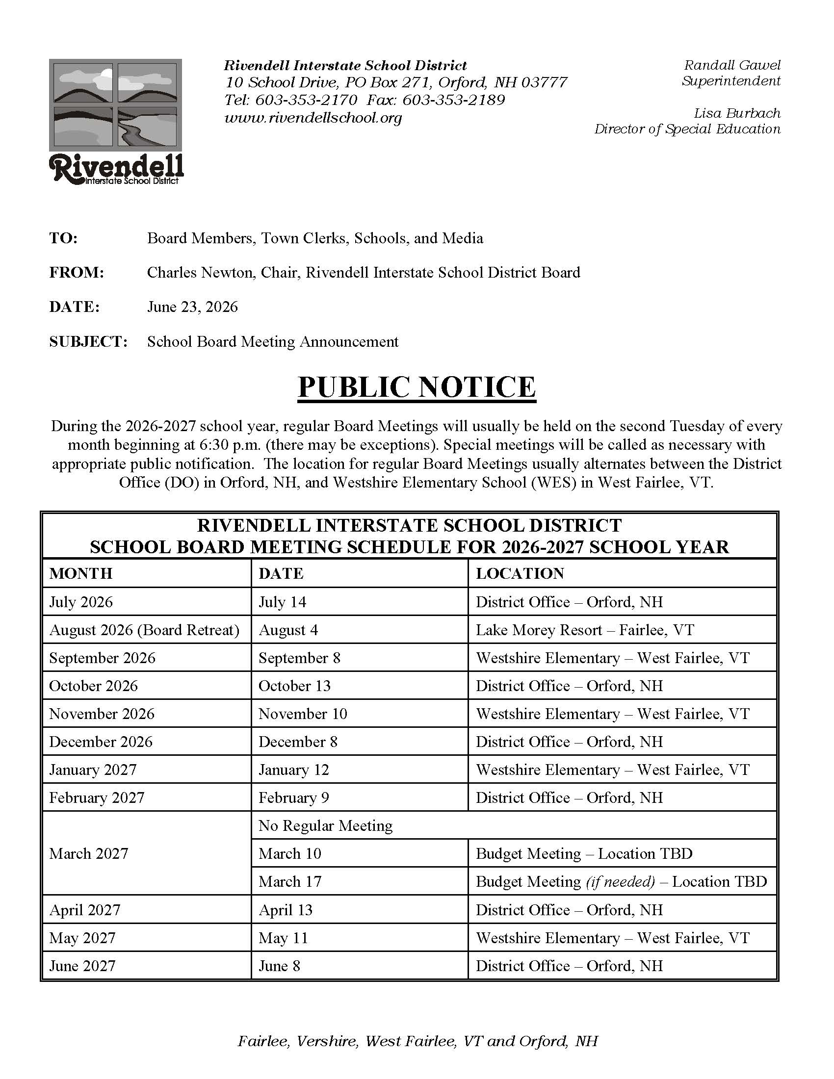 Board Meeting Schedule SY27
