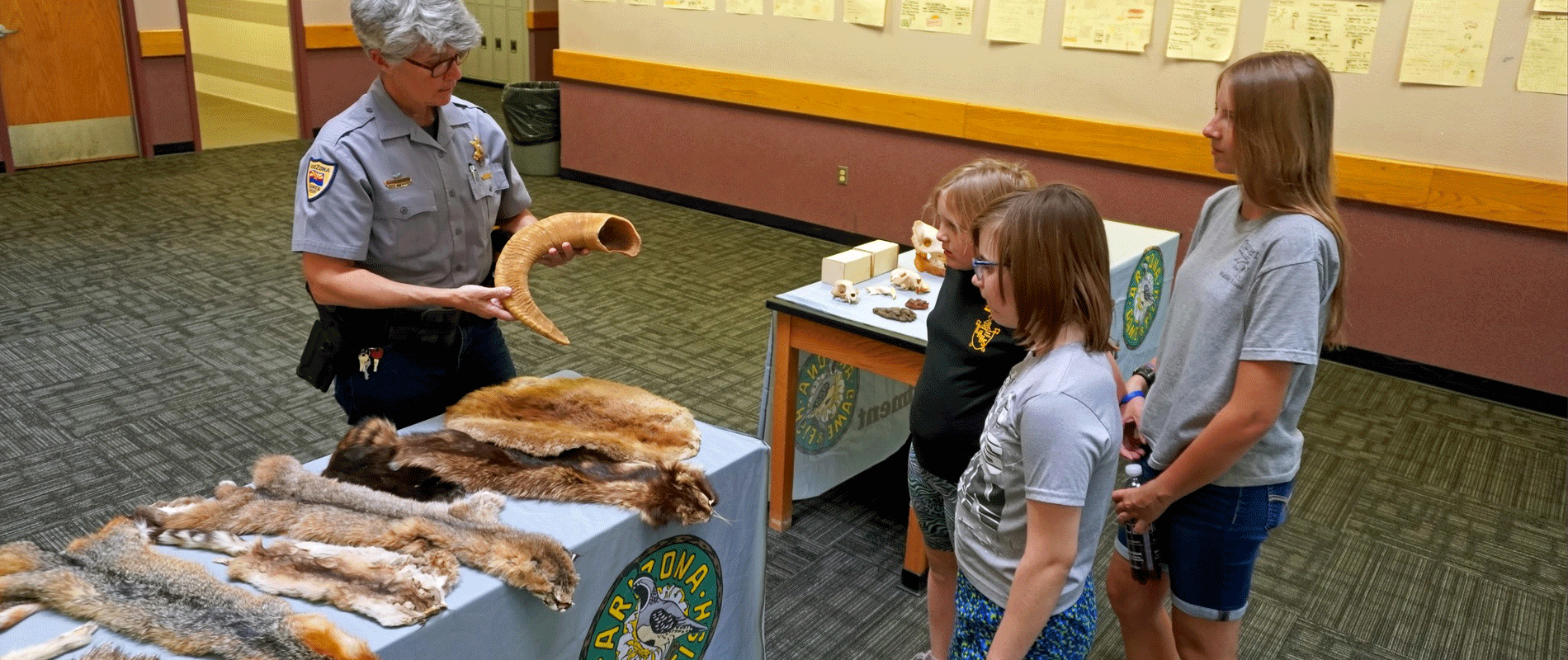 Fish and Game Warden shows students bighorn sheep horn