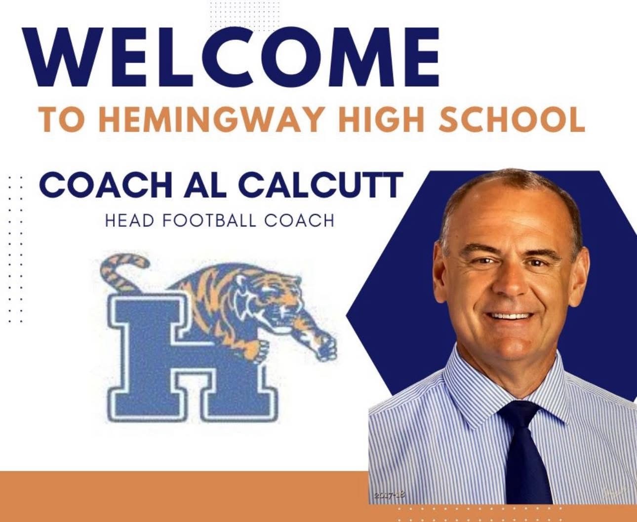 Welcome To Hemingway High School Coach Al Calcutt Head Football Coach. Tiger stand on top of letter H logo. picture of man 