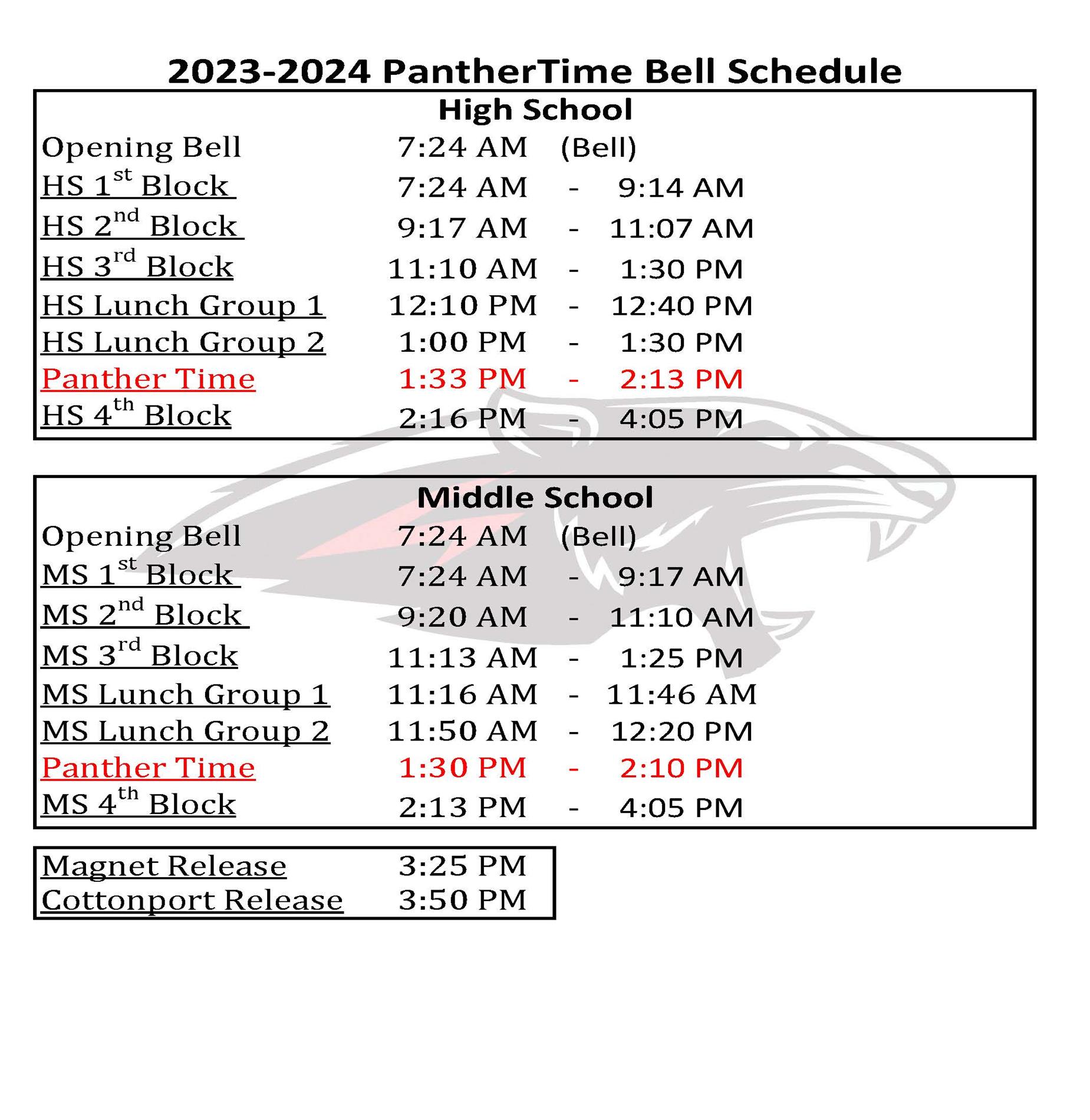 2023-2024 PantherTime Bell Schedule