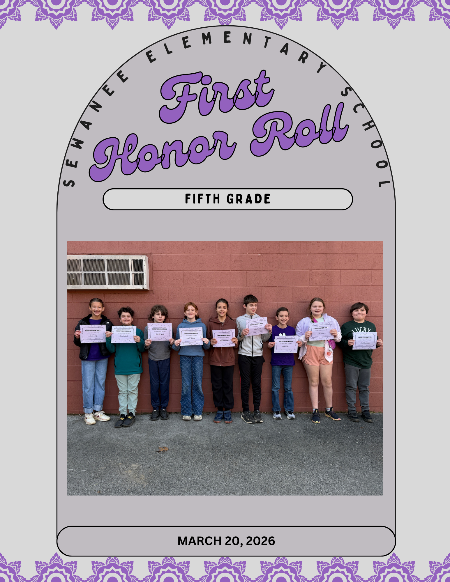 Sewanee Elementary School 5th Grade First Honor Roll - March 20, 2026