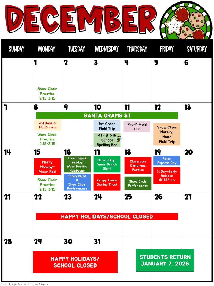DECEMBER SCHOOL CALENDAR (ENGLISH)