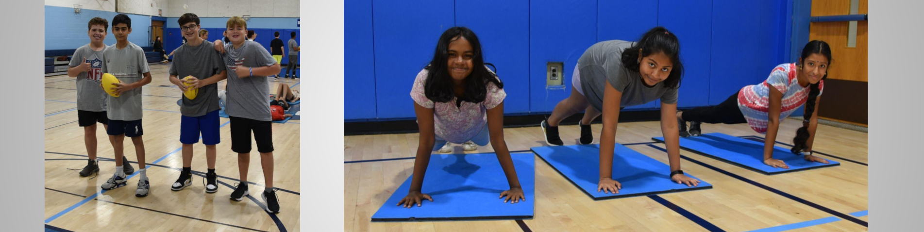 Students doing planks and posing for a photo in gym class