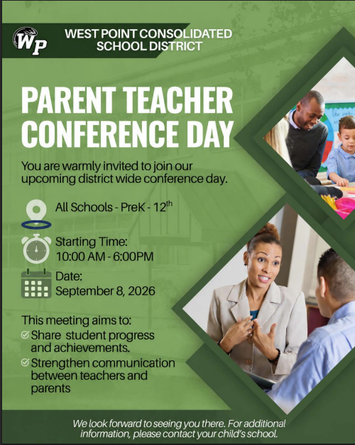 West Point Consolidated School District Parent Teacher Conference Day flyer announcing conferences on September 8, 2026, from 10:00 AM to 6:00 PM for all schools, PreK through 12th grade.