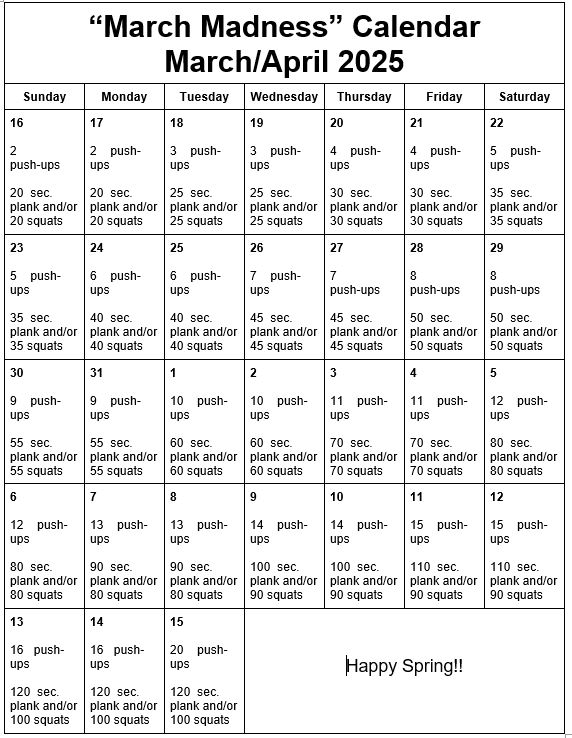 March Madness Wellness Calendar for March into April