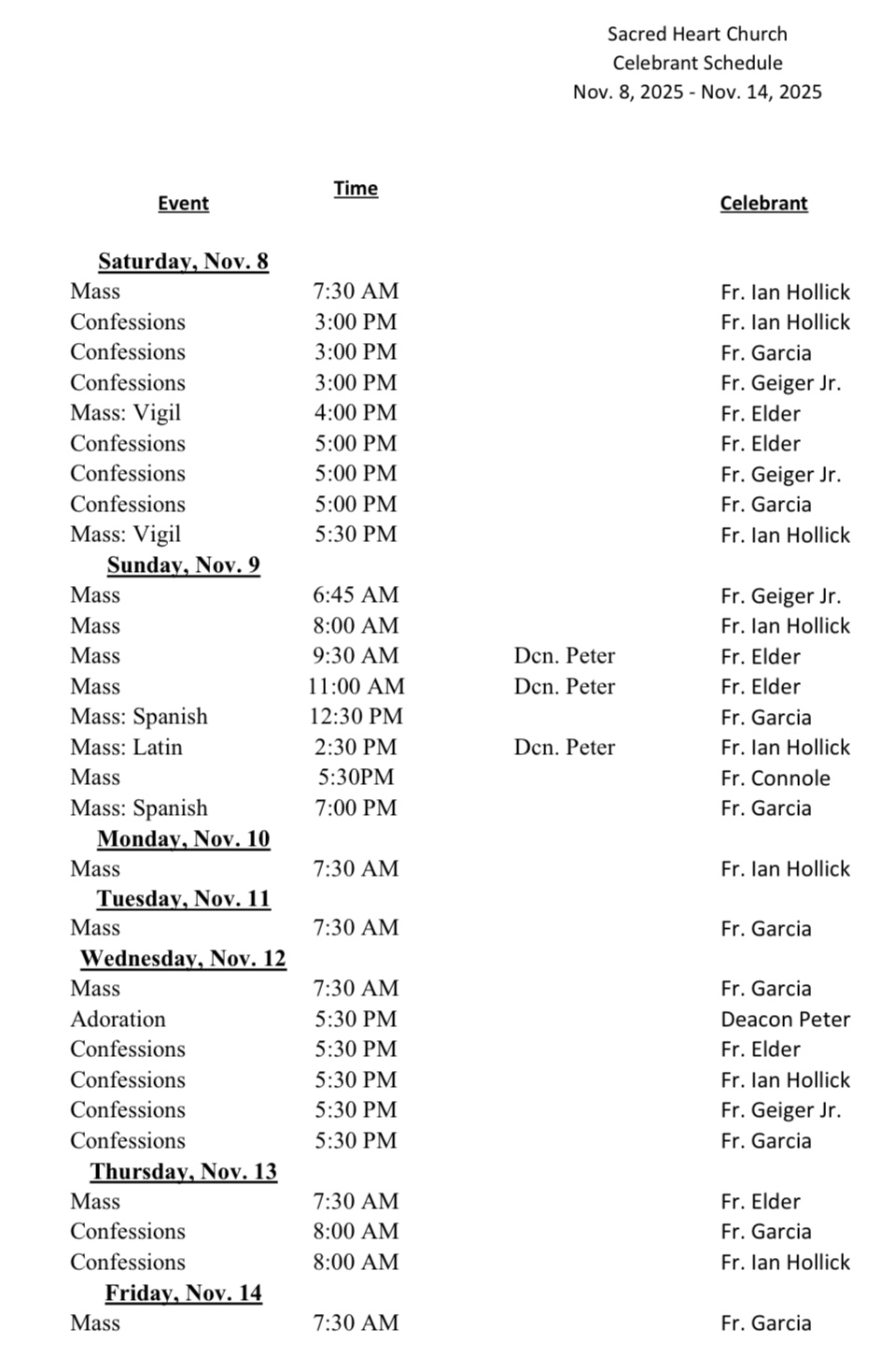 celebrant schedule 11.07.25